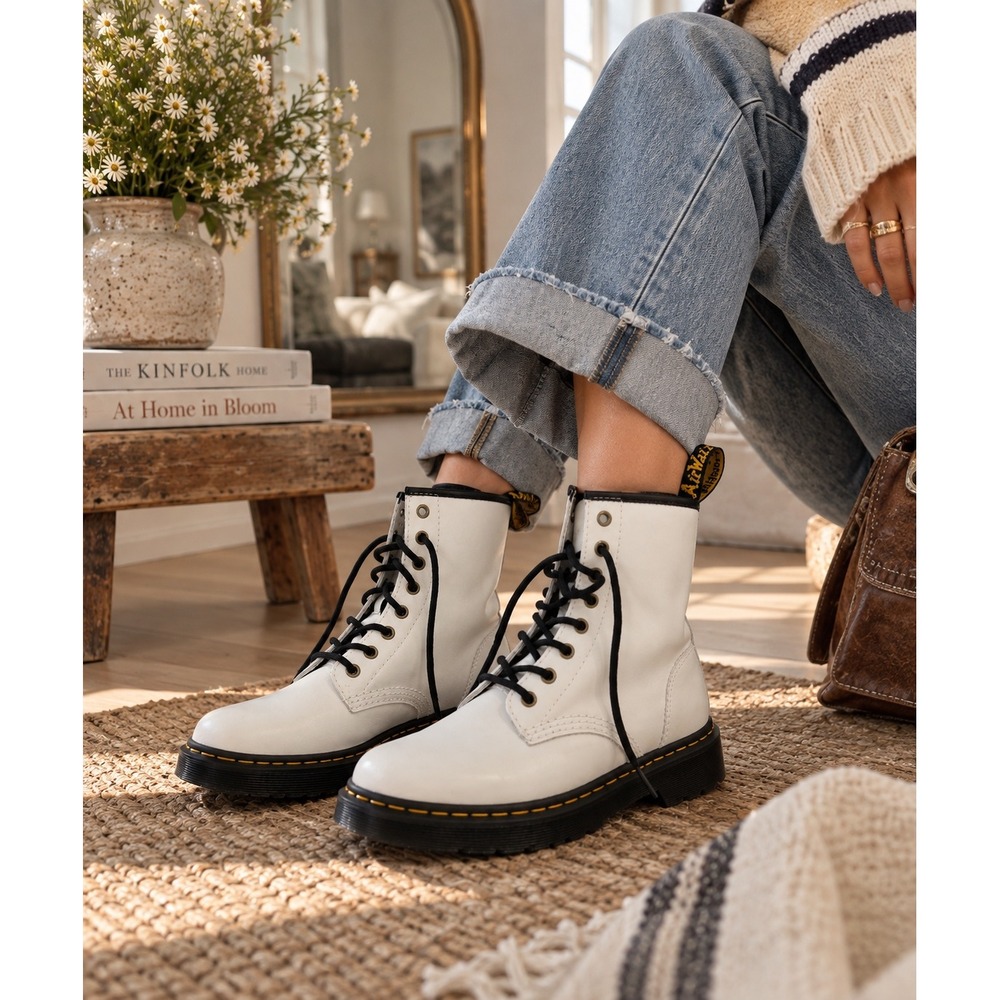Dr. Martens Zavala White Leather Lace Up Combat Boots Women Size 8 L US 39 EU